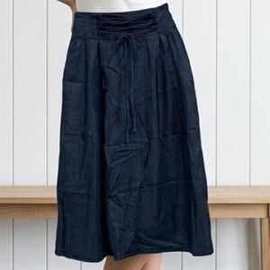 💥 Navy Blue Chambray Midi Skirt Elastic High Waist Pleated Denim Size Small